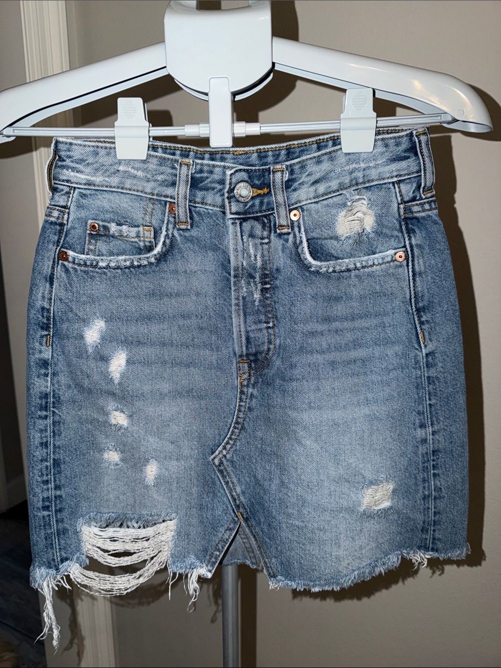H&M Light Blue Distressed Denim Mini Skirt